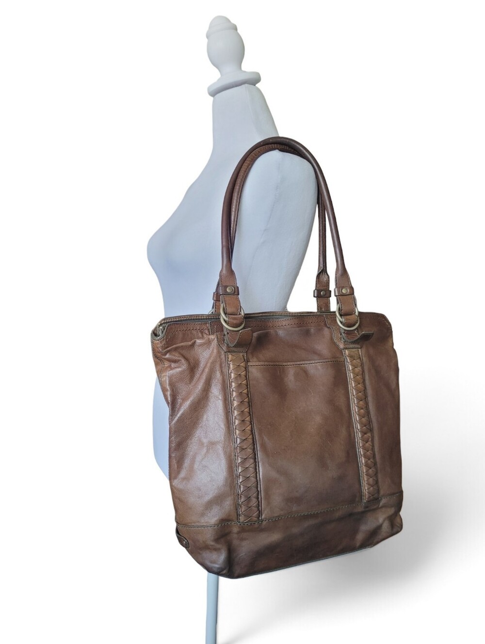 Vintage Y2K Cole Haan Leather Tote Bag Brass Rings Gothic Boho Braided Brown